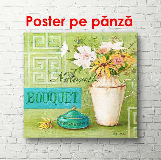 Poster - White vase with white flowers on a green background, 100 x 100 см, Framed poster, Provence