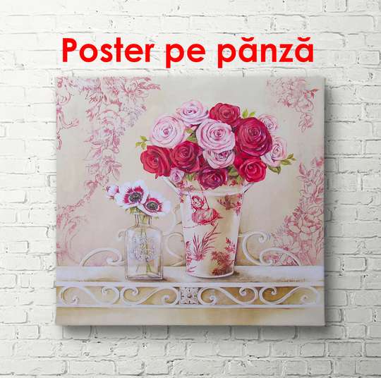 Постер - Розовые цветы в вазе на столе, 100 x 100 см, Постер в раме, Прованс