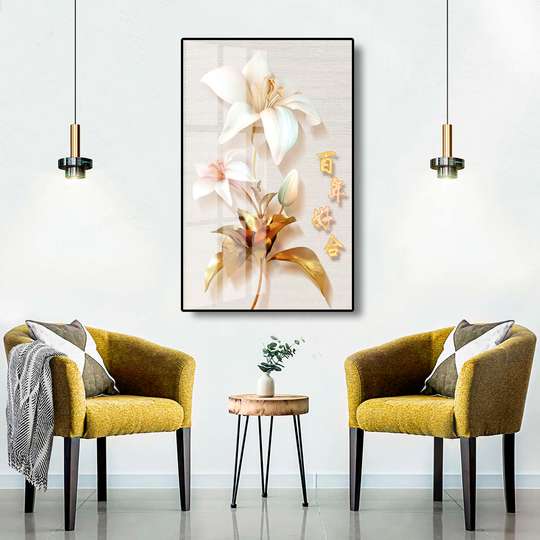 Постер - Цветок Лилии с золотыми листьями, 30 x 45 см, Холст на подрамнике