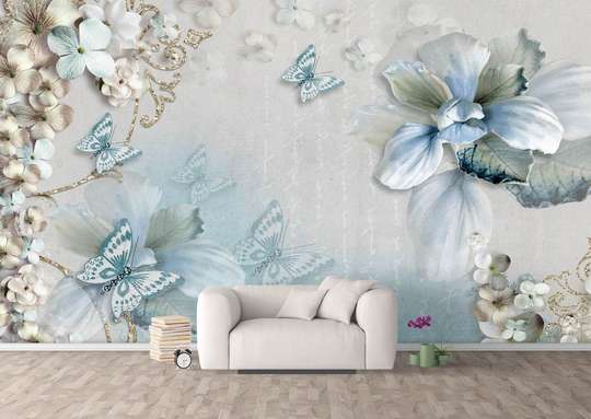 Wall Mural - Blue butterflies and white flowers on a white background