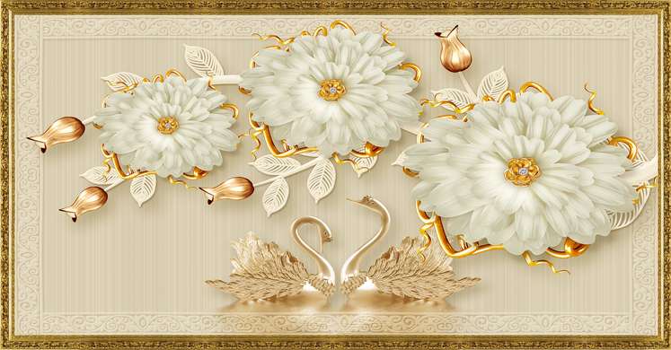 Wall Mural - Beige flowers and golden swans in a golden frame