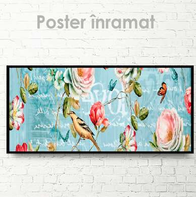 Poster - Trandafiri, pasărea și fluturi, 90 x 30 см, Panza pe cadru