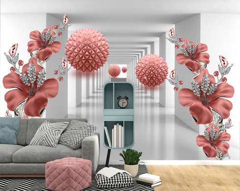 Fototapet 3D - Sfere și flori roșii într-un tunel 3D