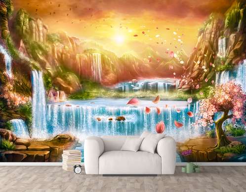 Wall Mural - Cascade against the backdrop of dawn in the distant mountains
