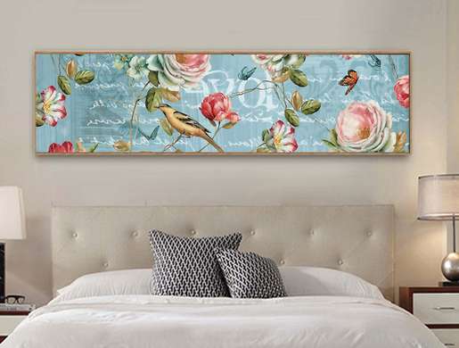 Poster - Trandafiri, pasărea și fluturi, 90 x 30 см, Panza pe cadru