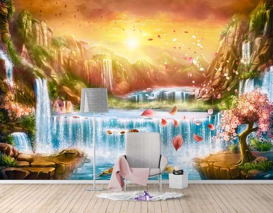 Wall Mural - Cascade against the backdrop of dawn in the distant mountains