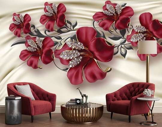 Wall Mural - Burgundy flowers on a beige background