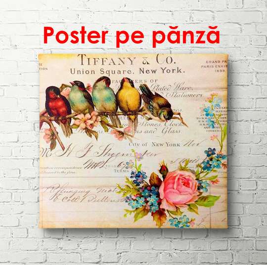 Постер - Разноцветные птички на ветке, 100 x 100 см, Постер в раме, Прованс