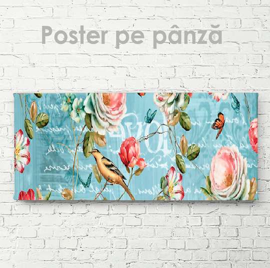 Постер, Розы, птичка и бабочки, 90 x 30 см, Холст на подрамнике