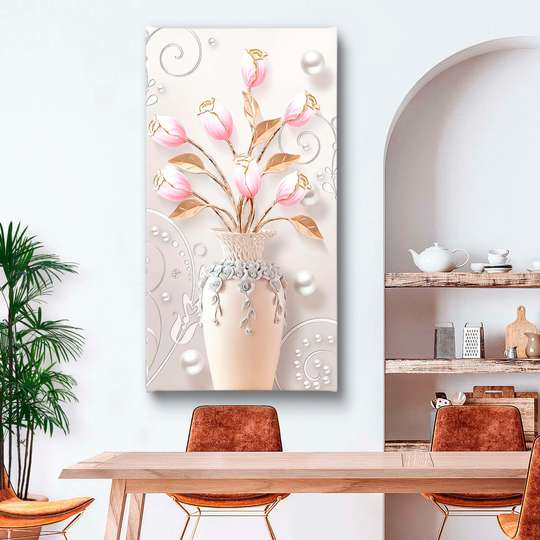 Poster - Vaza cu lalele roz, 30 x 60 см, Panza pe cadru, Flori
