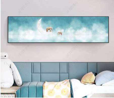 Постер - Слоники на луне, 60 x 30 см, Холст на подрамнике, Фэнтези