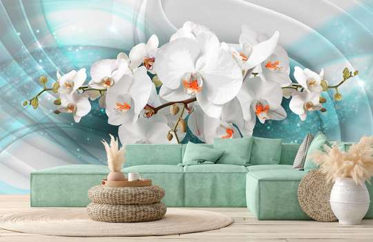 Wall Mural - White orchids on a blue abstraction