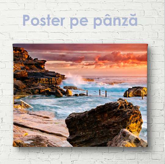 Poster - Purple sunset at the rocky beach, 45 x 30 см, Canvas on frame, Nature