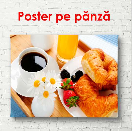 Постер - Кофе с круассаном, 90 x 60 см, Постер в раме, Еда и Напитки