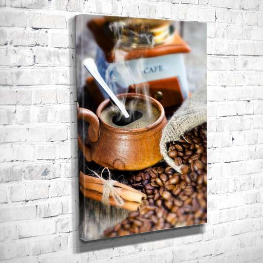 Poster - Brown cup with coffee on coffee beans, 45 x 90 см, Framed poster, Food and Drinks