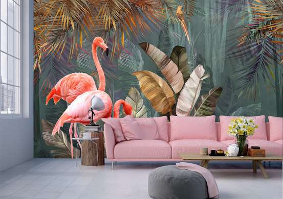 Fototapet - Flamingo roz pe fundalul junglei
