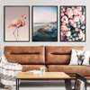 Poster - Flamingos, sea and flowers, 40 x 60 см, Framed poster on glass