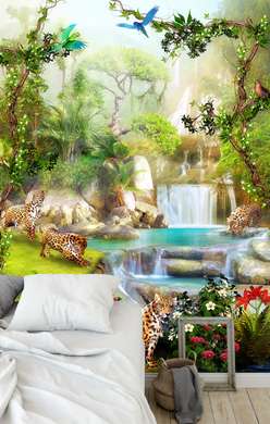 Wall Mural - Leopards at the waterfall