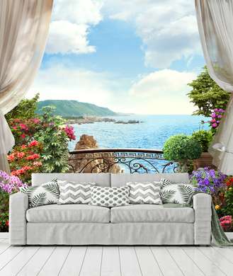 Wall Mural - Balcony with flowers overlooking the sea