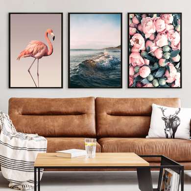 Poster - Flamingo, mare și flori, 40 x 60 см, Poster inramat pe sticla