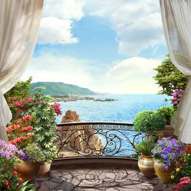 Фотообои - Балкон с цветами с видом на море