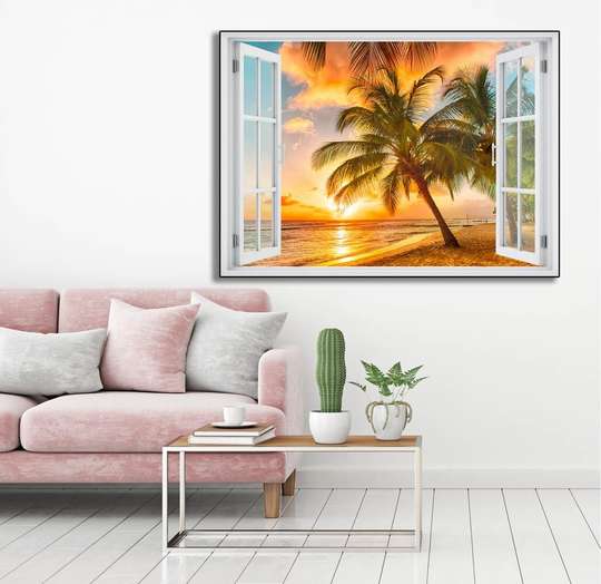Wall Sticker - 3D window with sea view at sunset