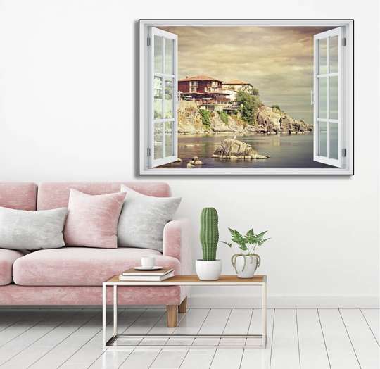 Wall Sticker - 3D window with a view of the rocks by the sea