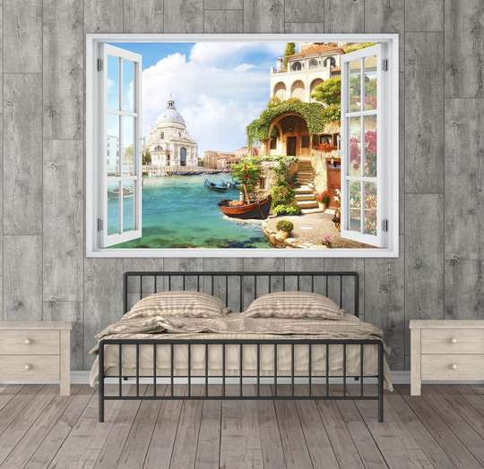 Wall Decal - Window with city view on the water and boats
