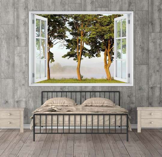Наклейка на стену - Окно с видом на три дерева, 130 х 85