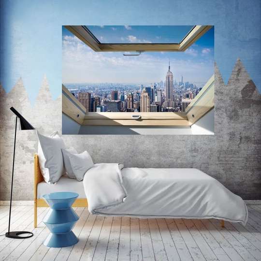 Наклейка на стену - 3D-окно с видом на Нью-Йорк, 130 х 85