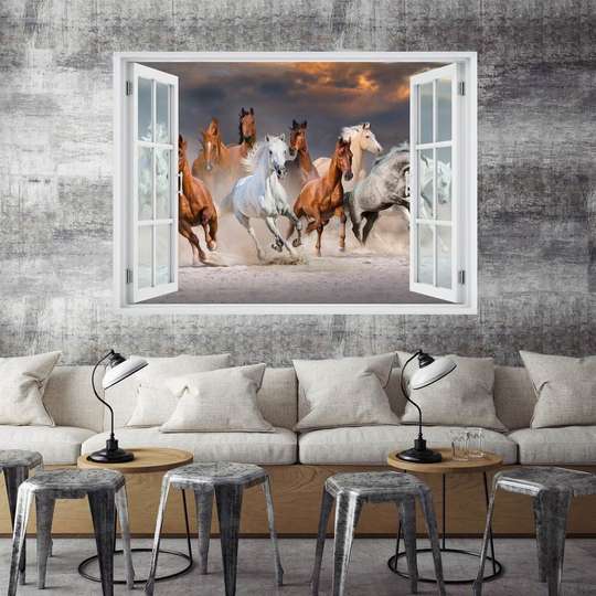Наклейка на стену - 3D-окно с видом на скачущие лошади, Имитация окна, 130 х 85