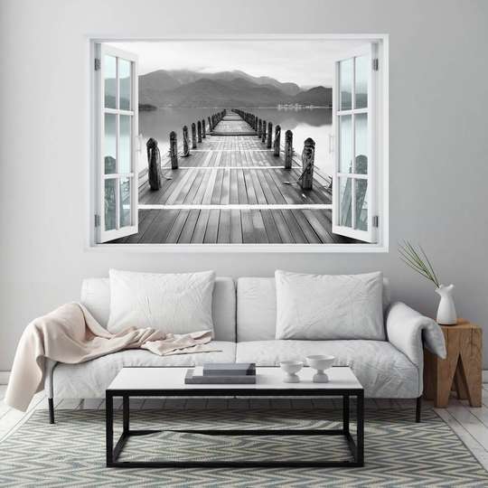 Stickere pentru pereți - Fereastra cu vedere spre un pod alb-negru, 130 х 85