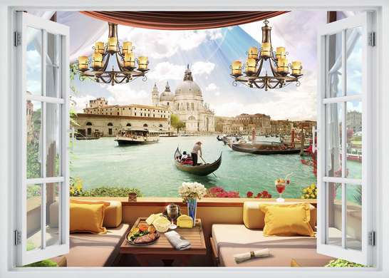 Stickere pentru pereți - Fereastra cu vedere spre gondolele din Veneția, 130 х 85