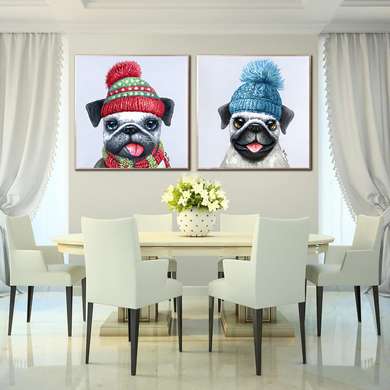 Poster - Cute Pugs, 60 x 60 см, Framed poster on glass