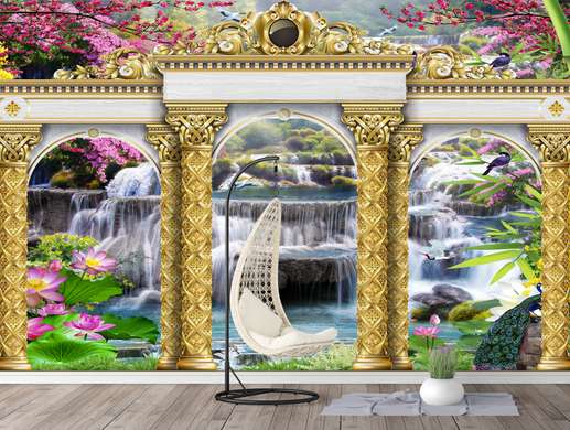 Wall Mural - Golden arches on the background of a waterfall