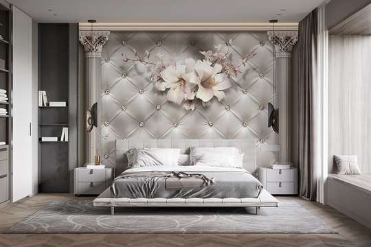 Wall Mural - Pink flowers on the background of columns