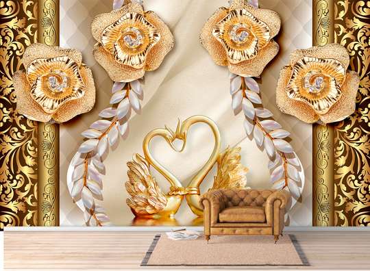 Wall Mural - Golden roses and swans