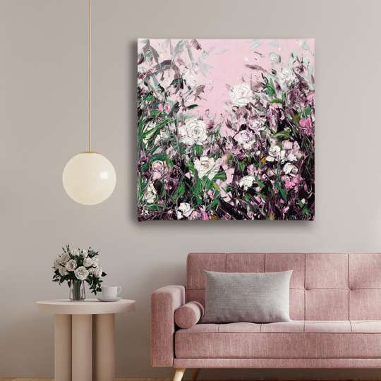 Poster - Trandafiri delicati pe un fundal roz, 40 x 40 см, Panza pe cadru, Flori