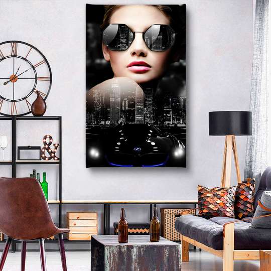 Poster - Glamour Lady, Oraș de noapte și BMW, 30 x 60 см, Panza pe cadru, Glamour