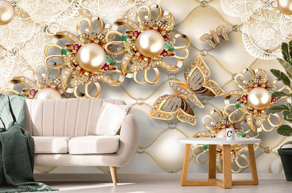Wall Mural - Golden brooches in the form of flowers and butterflies
