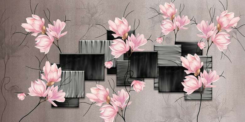 Wall Mural - Pink magnolias on a gray background