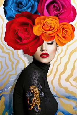 Poster - Doamna cu flori colorate, 30 x 45 см, Panza pe cadru