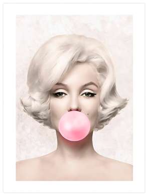 Poster - Marilyn Monroe gumă cu bule roz, 30 x 45 см, Panza pe cadru