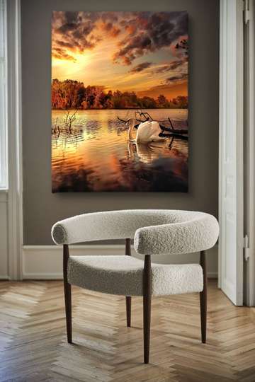 Poster - Lebăda pe fundalul apusului soarelui, 30 x 45 см, Panza pe cadru, Natură