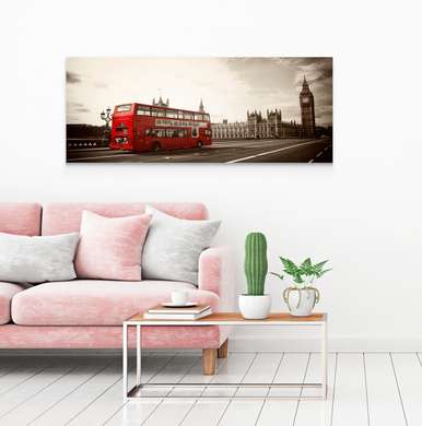 Постер - Ретро фото красным автобусом в Лондоне, 150 x 50 см, Постер в раме, Винтаж