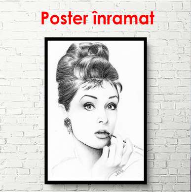 Poster - Portret alb-negru al lui Audrey Hepburn, 60 x 90 см, Poster înrămat