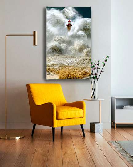 Постер - Маяк и бушующее море, 30 x 60 см, Холст на подрамнике, Морская Тематика
