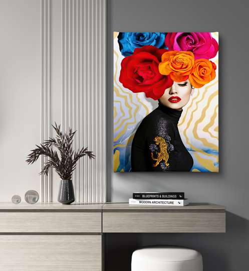 Постер - Дама с разноцветными цветами, 30 x 45 см, Холст на подрамнике, Гламур
