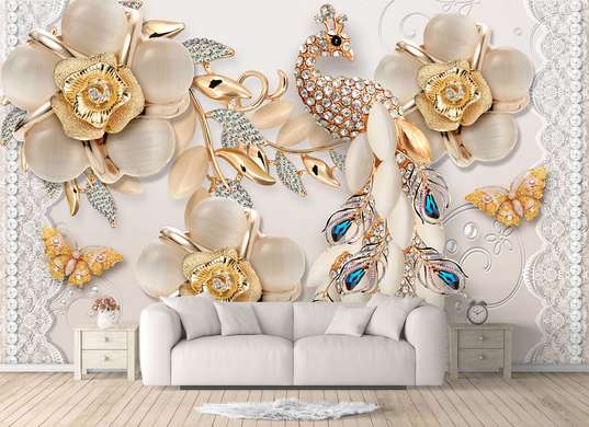 Wall Mural - Golden roses and gemstone peacock