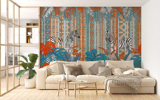 Wall Mural - Red and blue leaves on the background of zebras